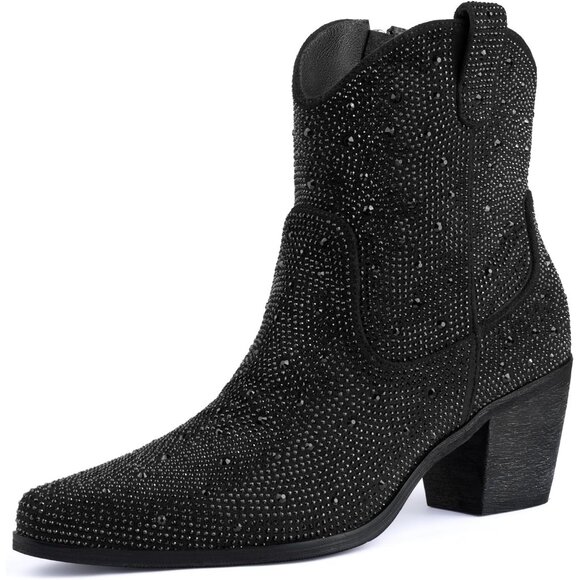 ⚡Women’s Ankle Rhinestone Black Cowboy Boots Mid Calf Pointed Toe Block Heel - Picture 1 of 6